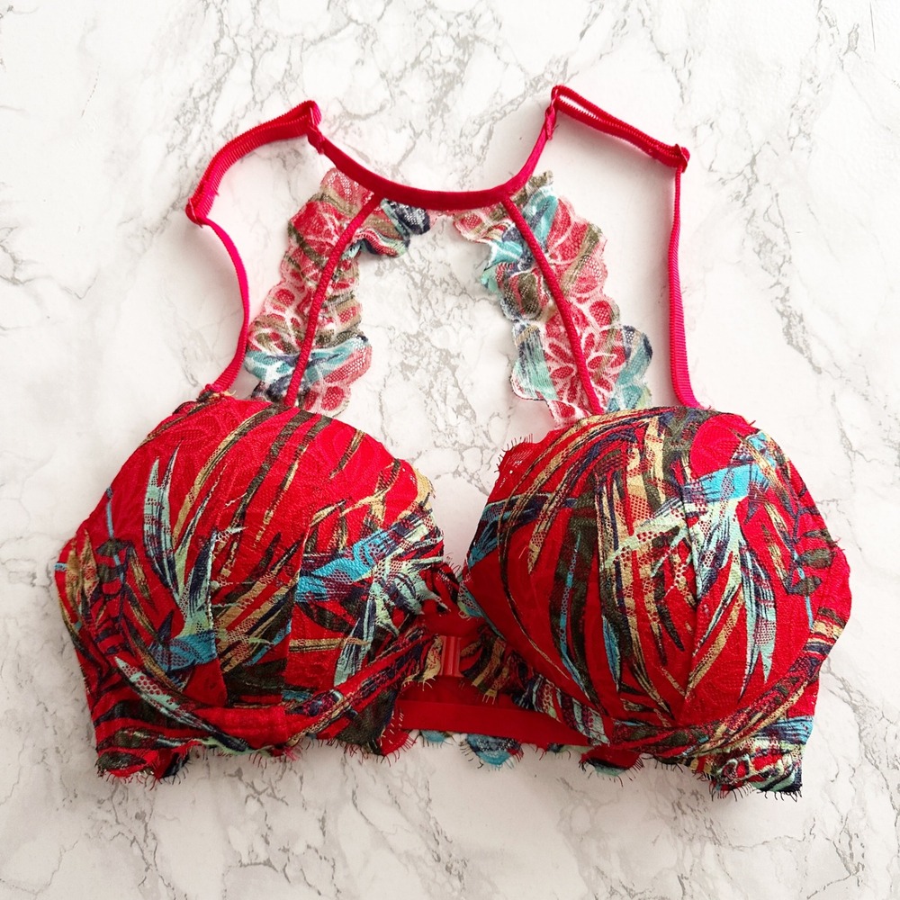 PINK Victoria's Secret Tropical Palm Print Red Racerback Bra Women's Size 34D